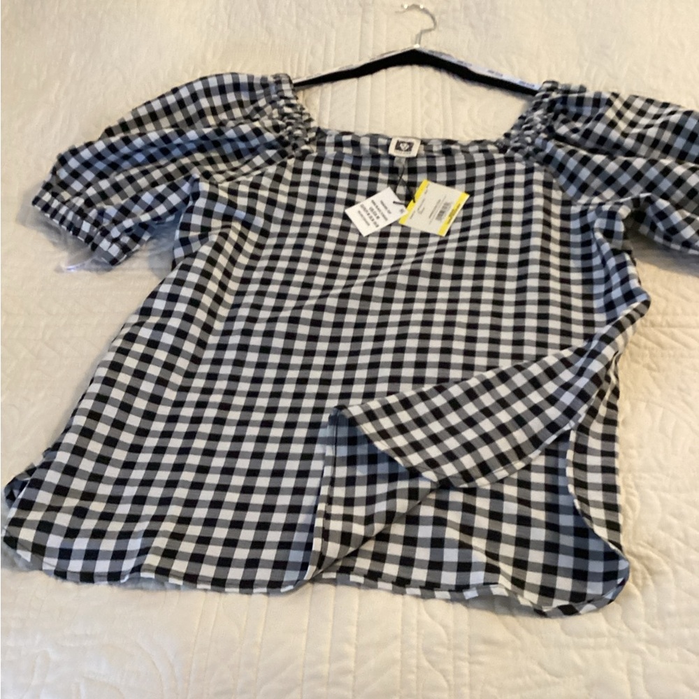 Anne Klein Gingham Puff Sleeve Blouse